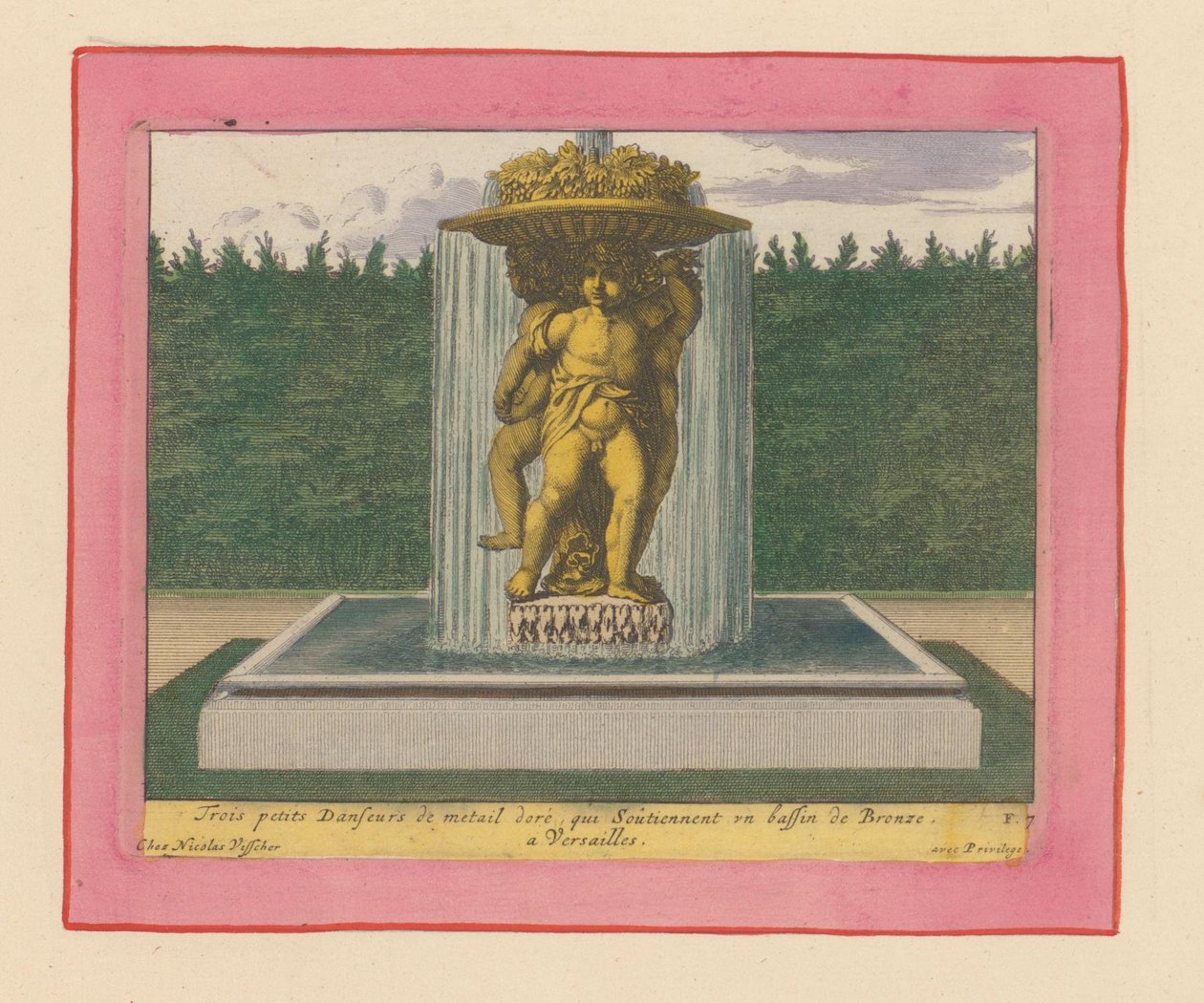 Brunnen mit einer Statue von drei tanzenden Putti, die eine Schale über ihren Köpfen tragen door Willem Swidde