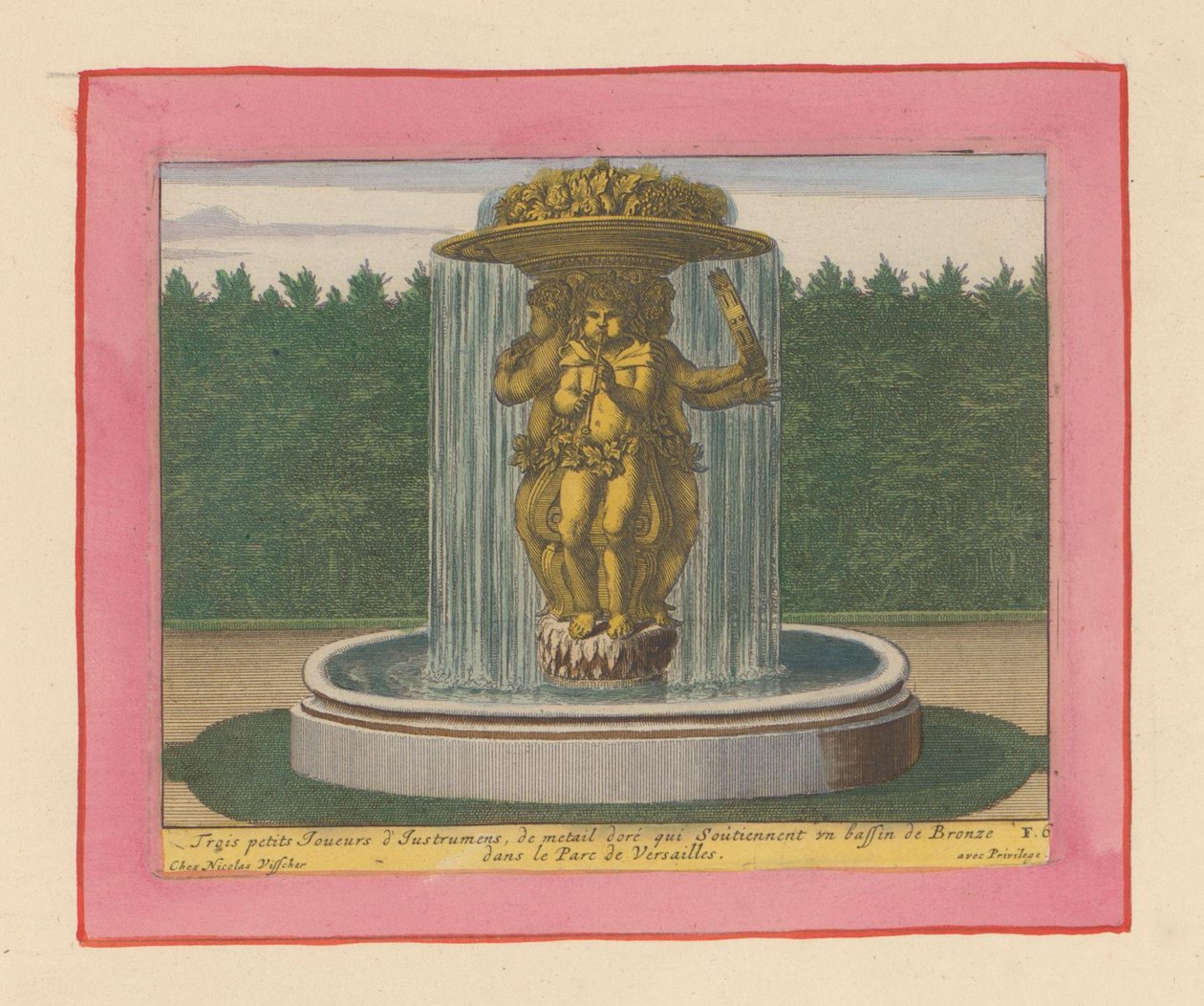 Brunnen mit einer Statue von drei Musikern, die eine Schale über ihren Köpfen tragen door Willem Swidde
