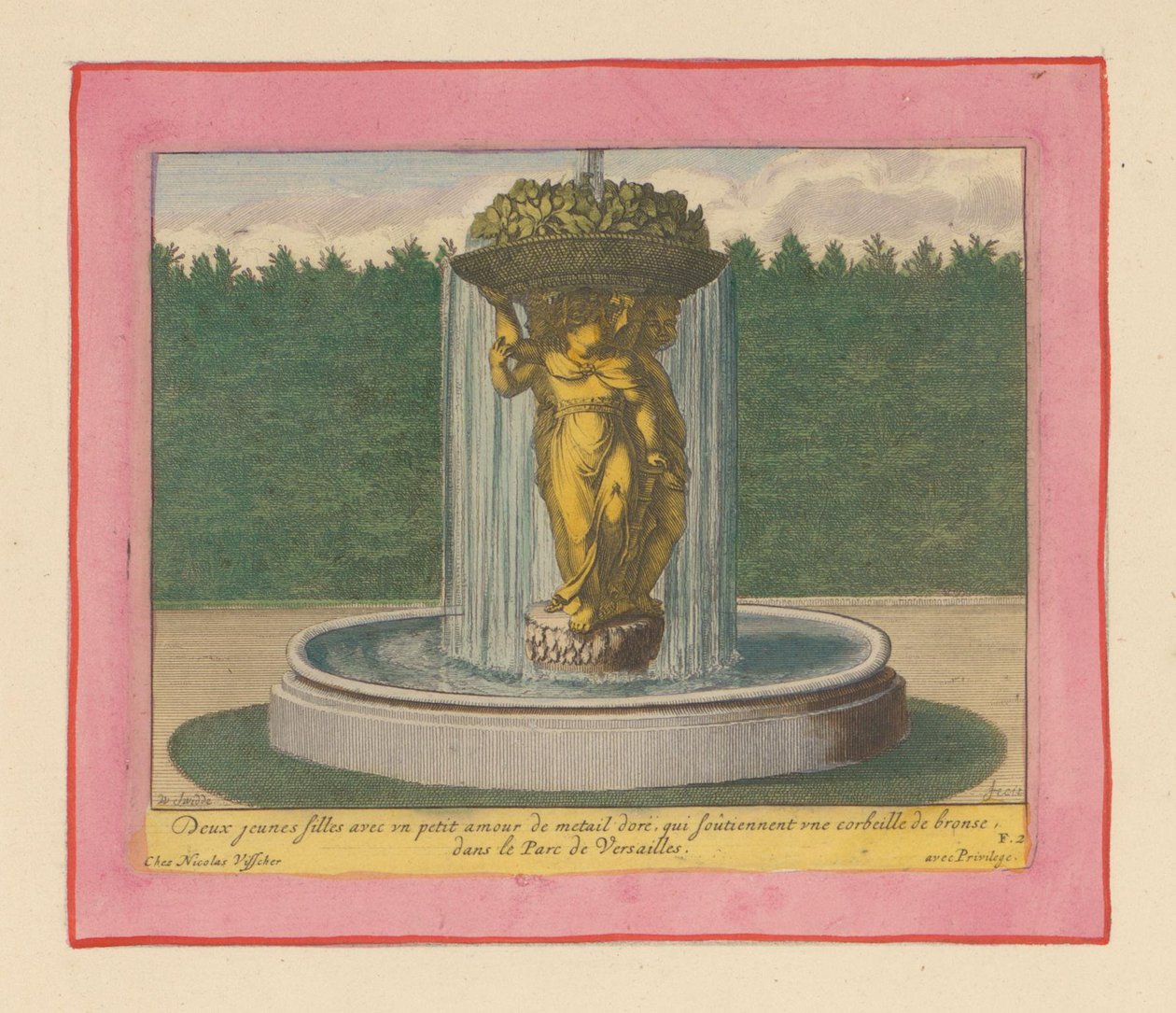Brunnen mit einer Statue von drei Frauen, die einen Korb über ihren Köpfen tragen door Willem Swidde