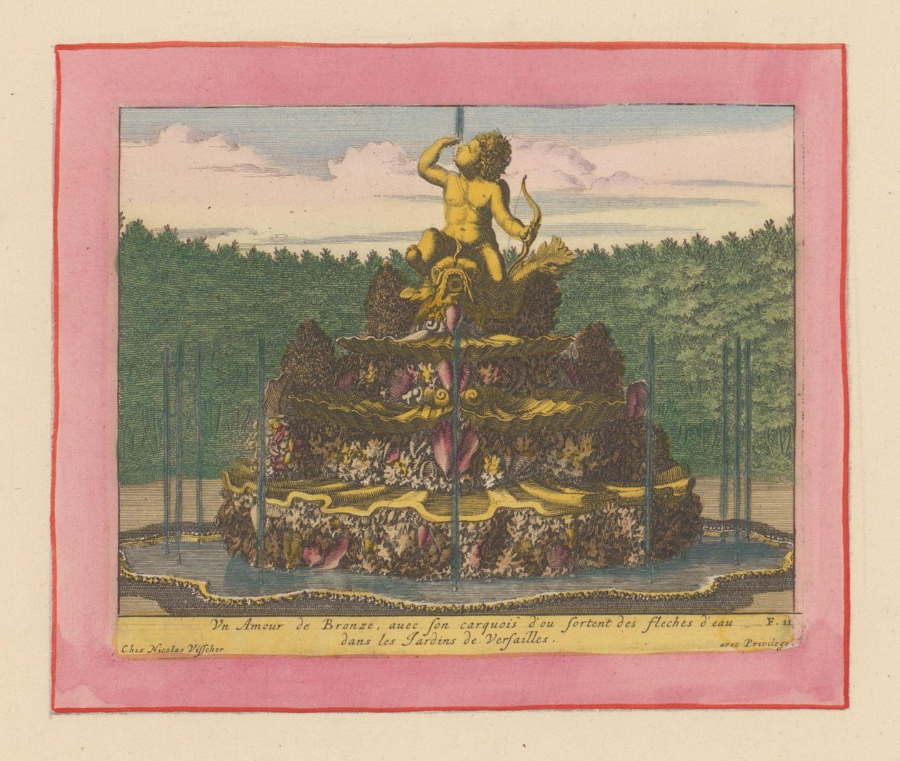 Brunnen mit einer Statue eines Putto mit Bogen in der Hand, sitzend auf einem Delfin door Willem Swidde