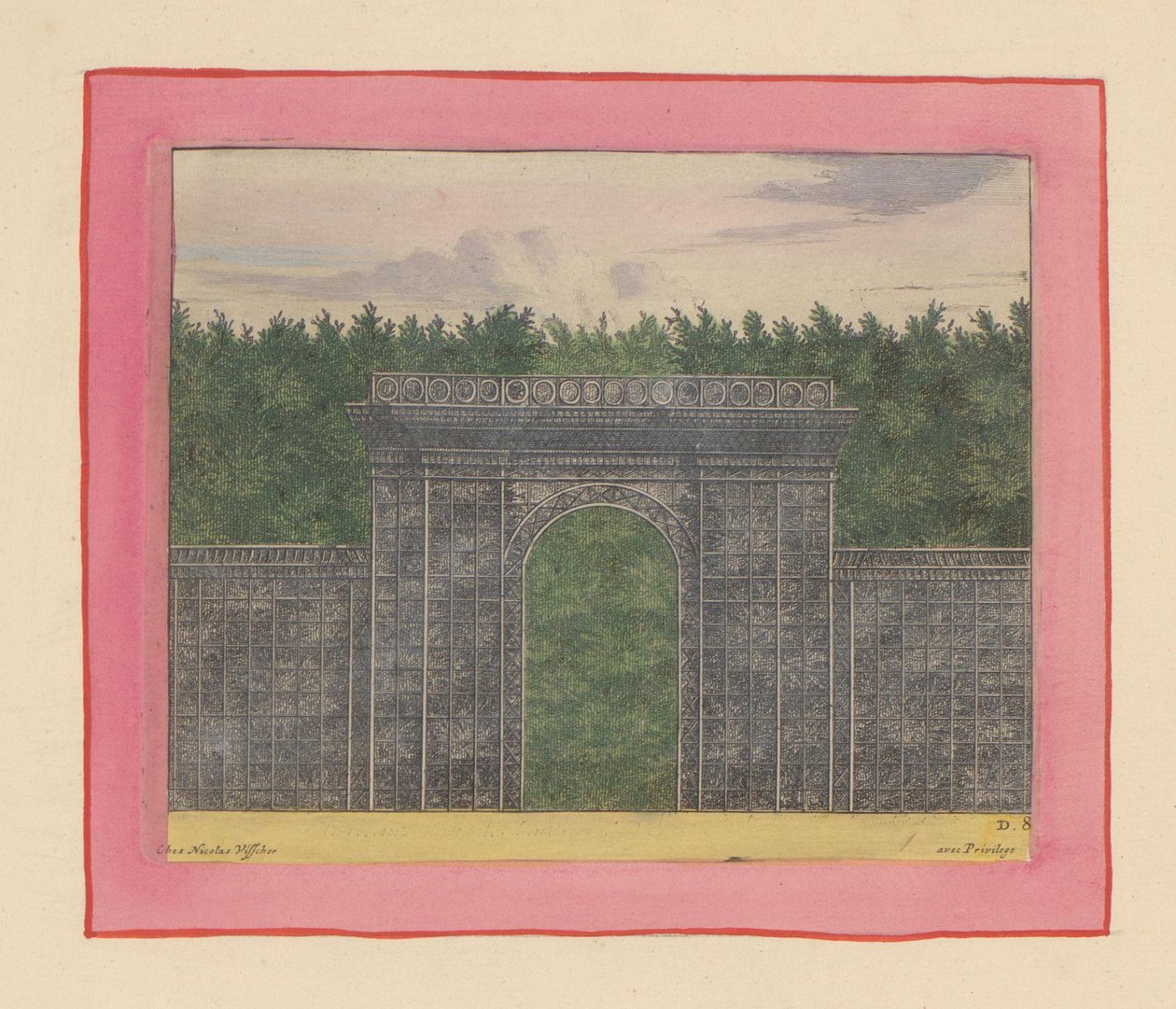 Rechteckiger Pavillon aus Lattenwerk mit Tor für eine Hecke in den Gärten von Versailles door Willem Swidde