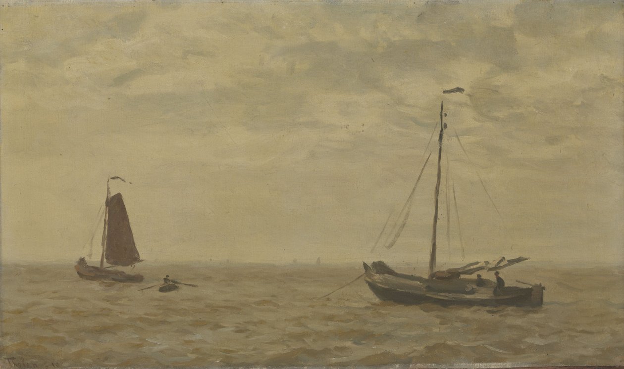 Zeegezicht met vissersboten door Willem Tholen