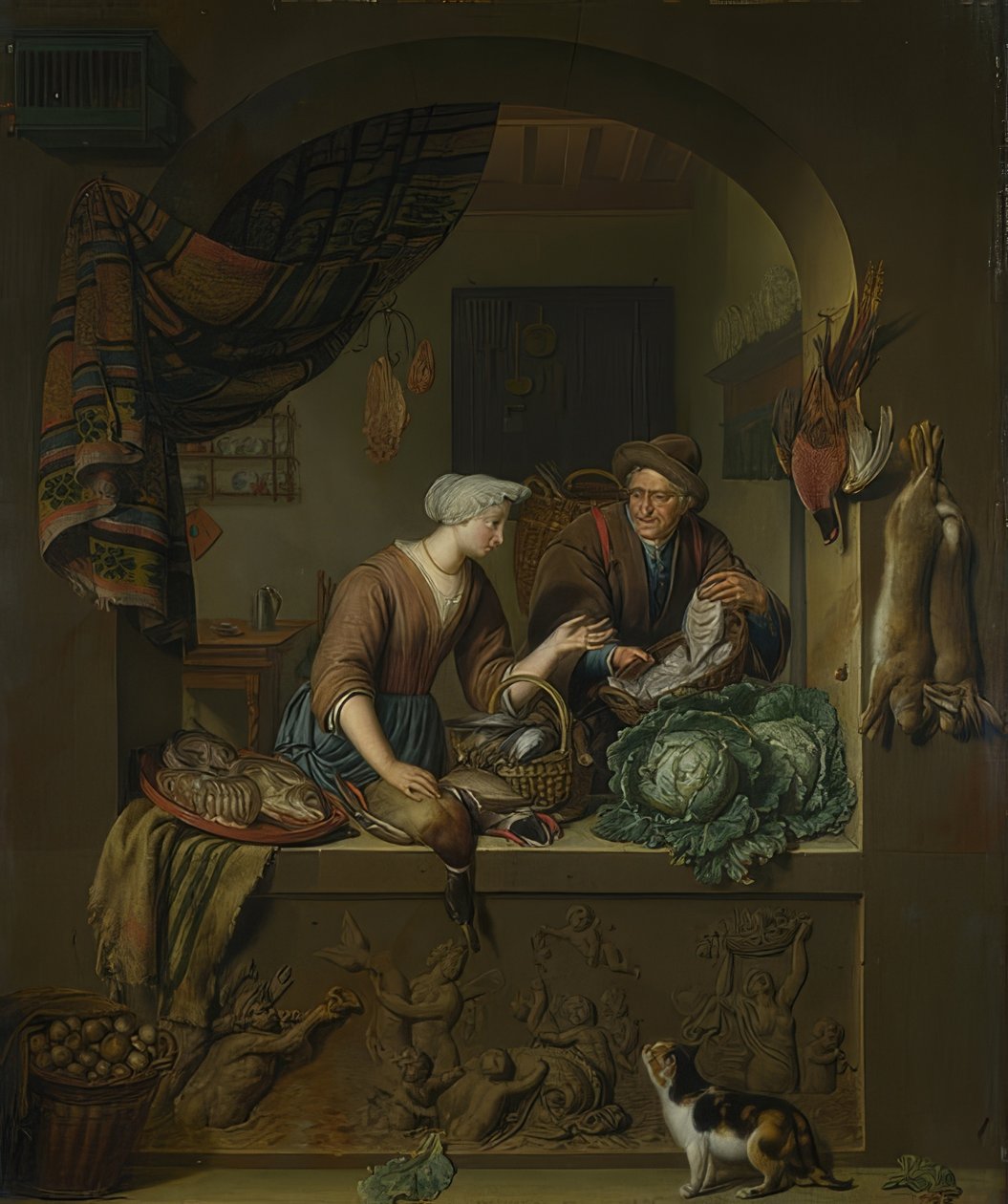 Vrouw en visverkoper in de keuken door Willem Van Mieris