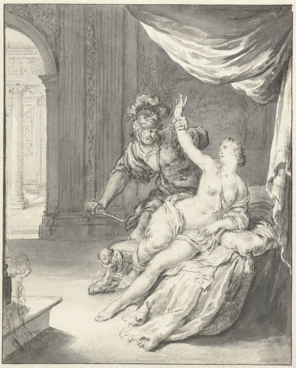 Tarquinius bedreigt Lucretia door Willem Van Mieris