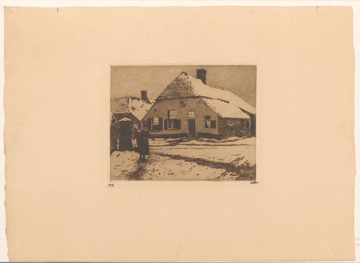 Besneeuwde huizen aan een weg in Ede door Willem Witsen (signed by artist)