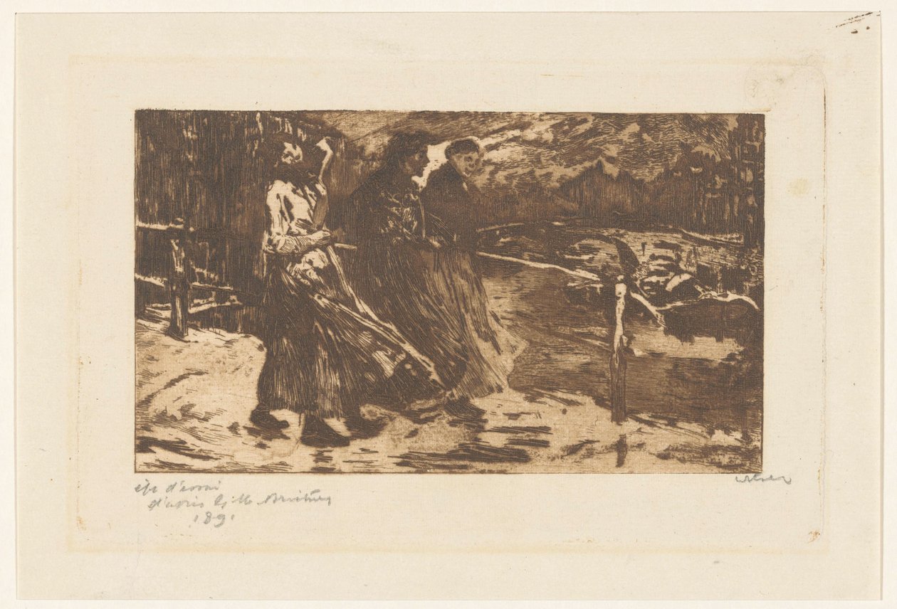 Drie vrouwen op een brug in regen en wind door Willem Witsen (signed by artist)