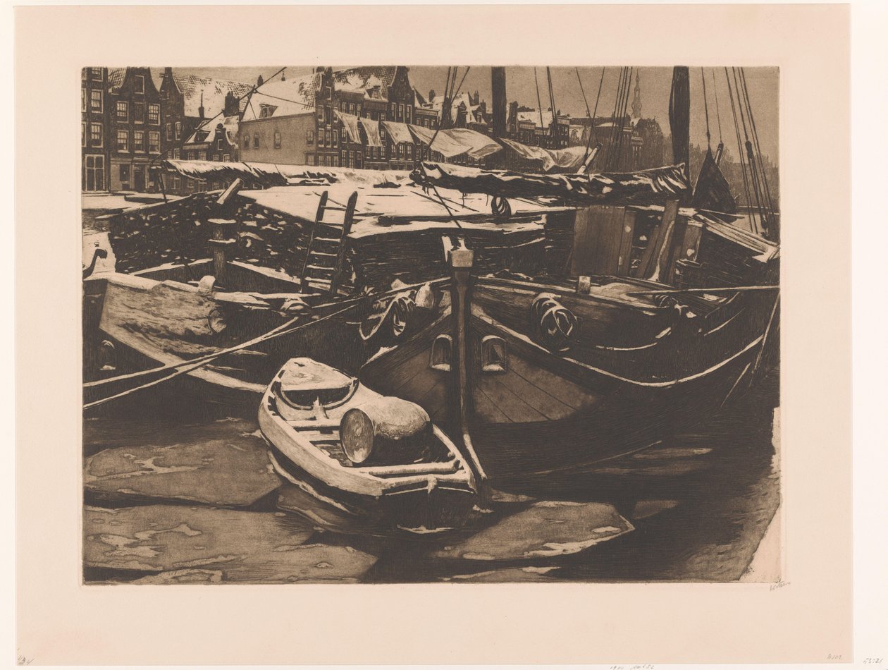Gezicht op aangemeerde schepen in de Oudeschans in Amsterdam door Willem Witsen (signed by artist)