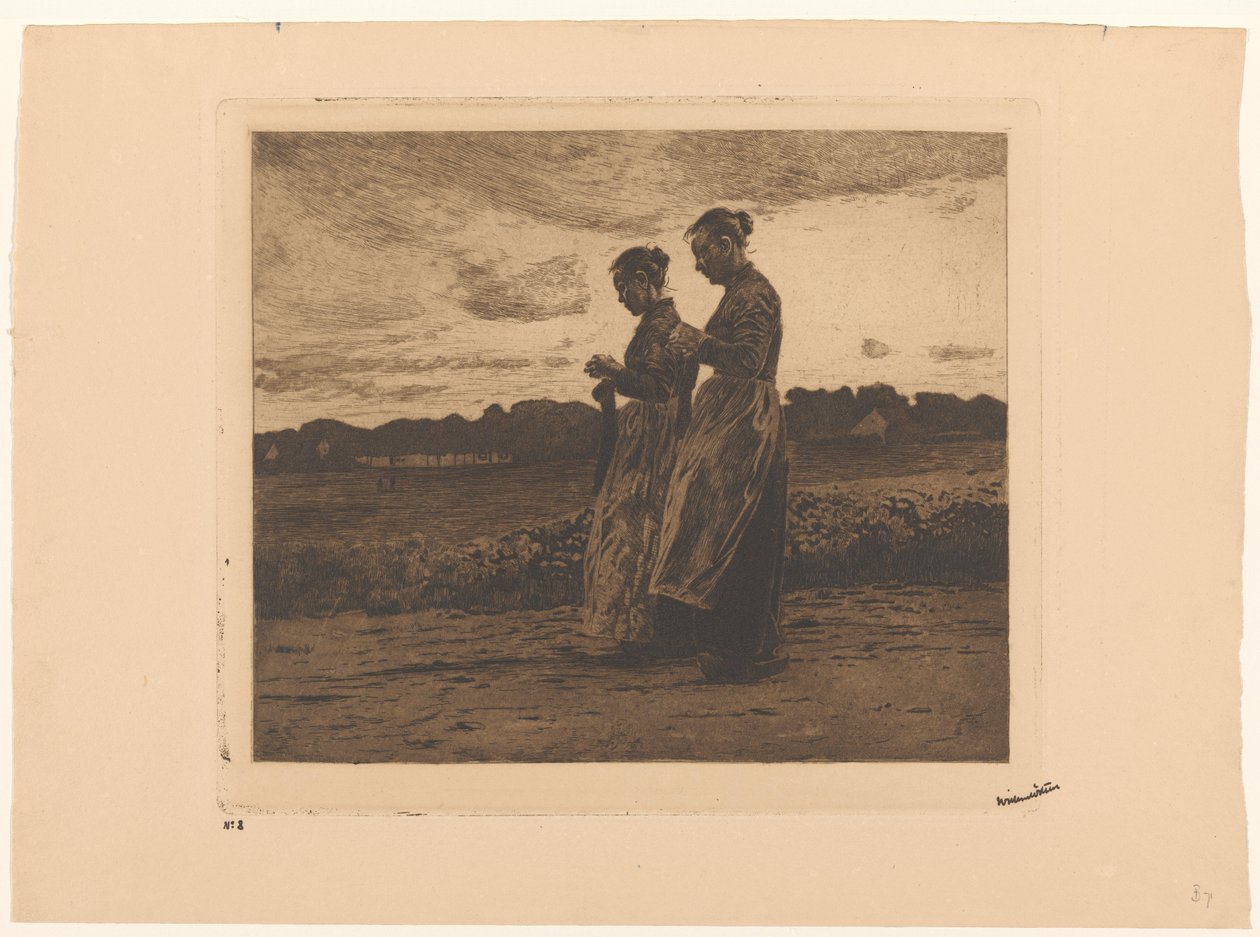 Twee staande breisters in een landschap in Ede door Willem Witsen (signed by artist)