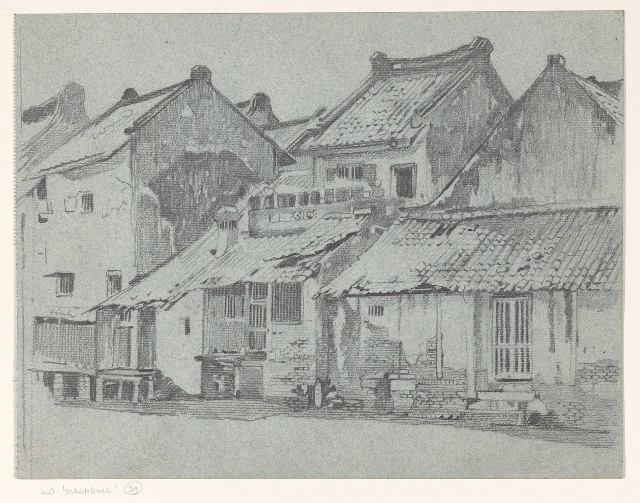 Achtergevels van woningen aan een rivier in Batavia door Willem Arnoldus Witsen