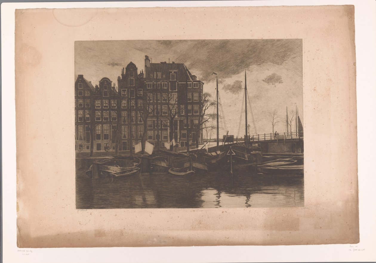 Binnenkant, Amsterdam, met wapperende was op de schepen door Willem Arnoldus Witsen
