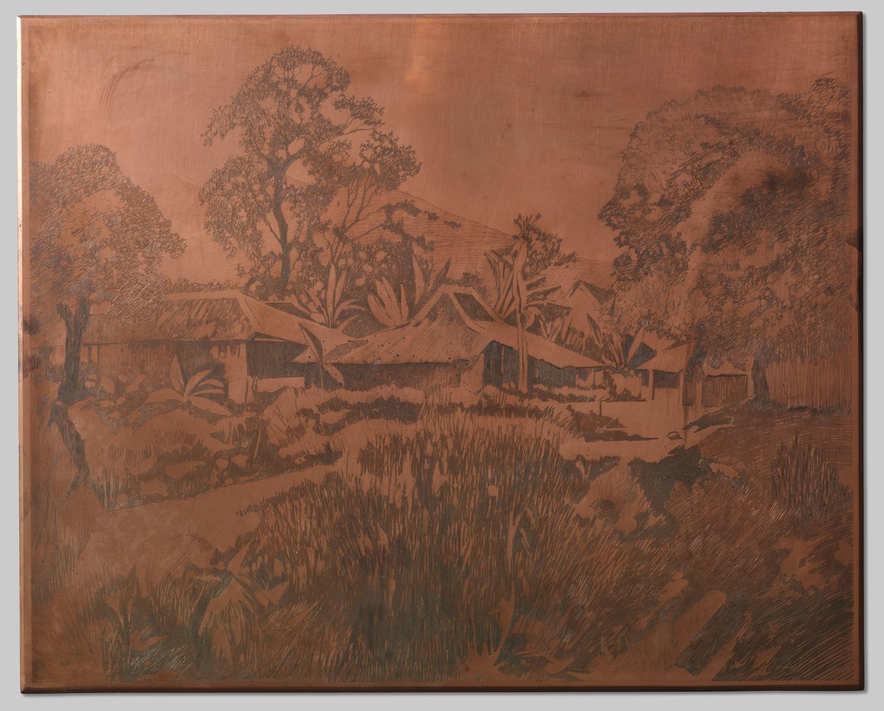 Buitenzorg, kamponghuizen, Salak en Cedeh rechts op de achtergrond door Willem Arnoldus Witsen