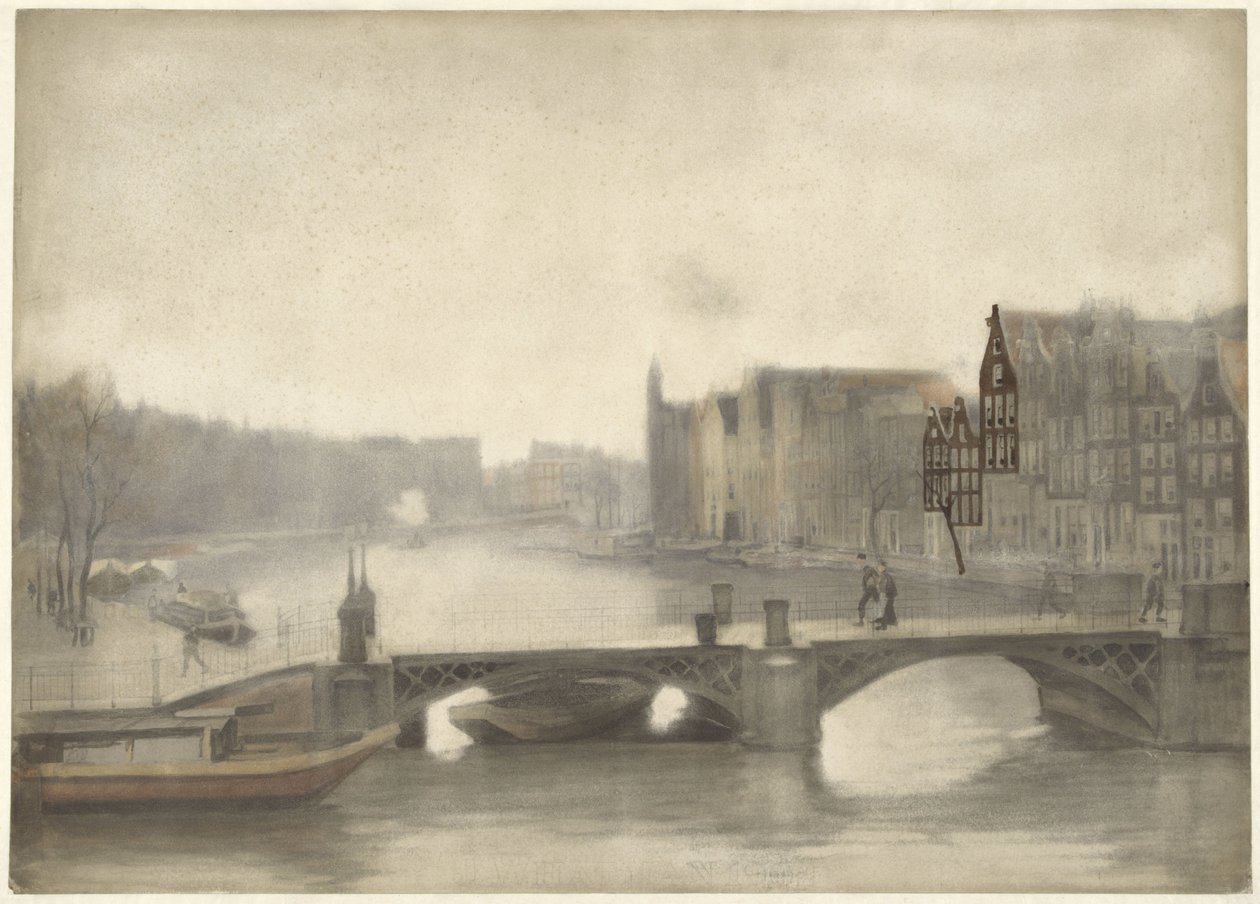 Gezicht op de Binnen-Amstel in de nevel door Willem Arnoldus Witsen