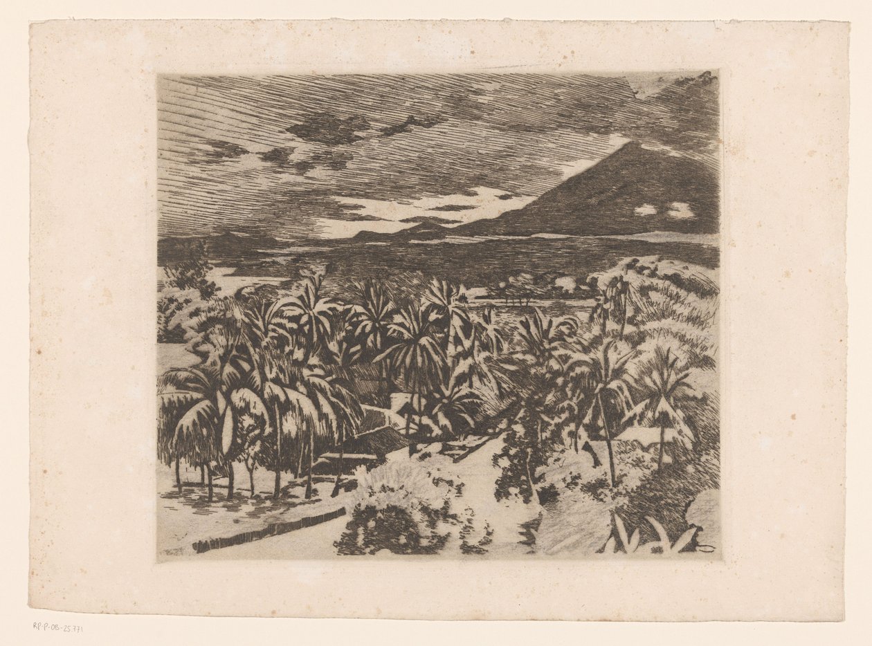 Gezicht op een landschap met klapperbomen in Buitenzorg door Willem Arnoldus Witsen