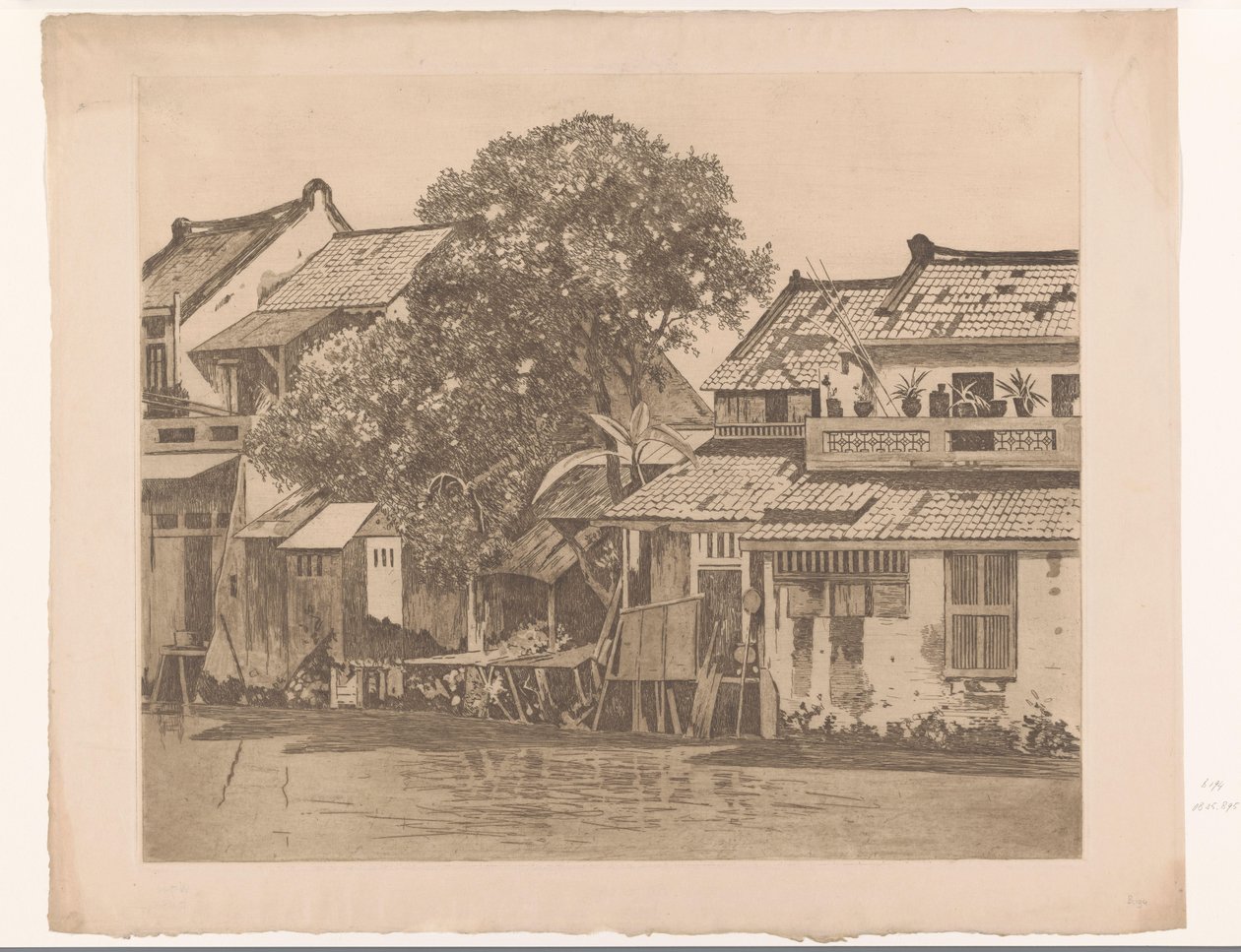 Gezicht op huizen aan een rivier in Batavia door Willem Arnoldus Witsen