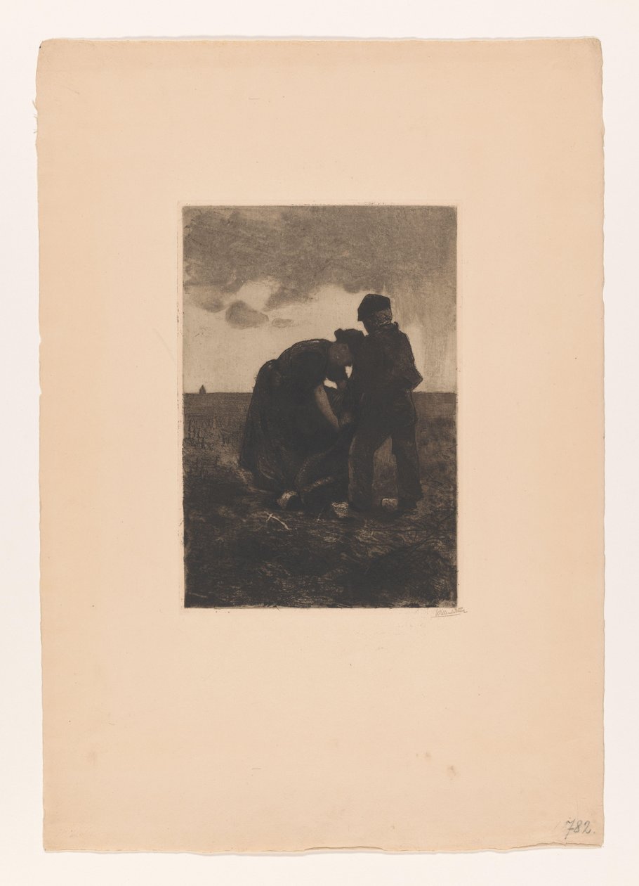 Vrouw en jongen op klompen met een jute zak op het veld door Willem Arnoldus Witsen