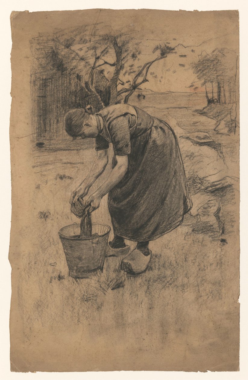 Vrouw spoelt de was in een emmer, voor een boerderij door Willem Arnoldus Witsen