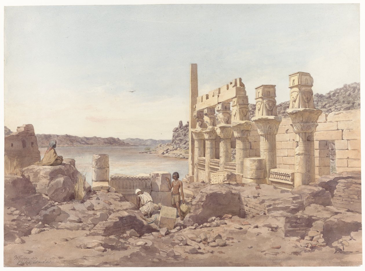 Gezicht op de tempelruïnes te Philae bij Aswan door Willem de Famars Testas