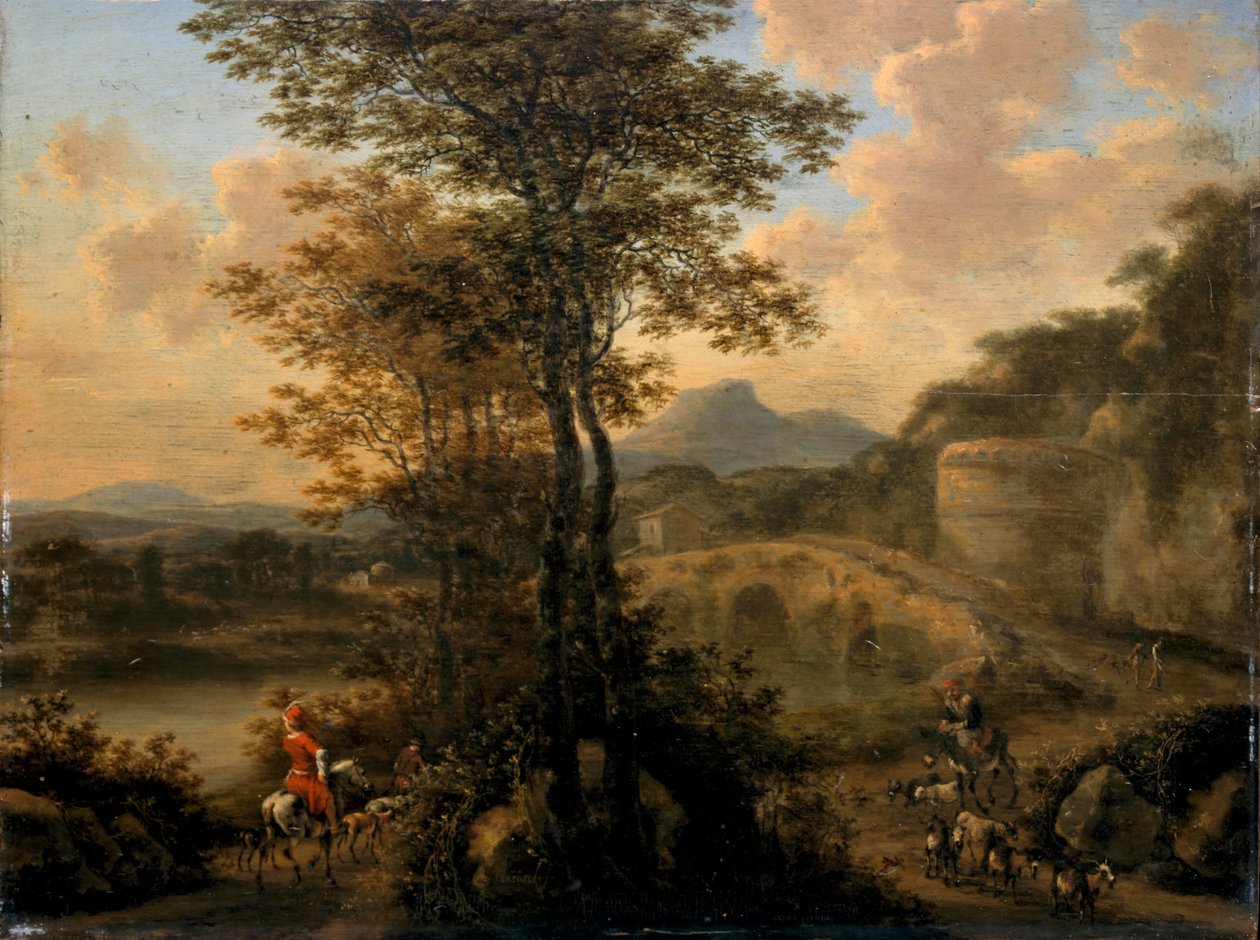 Italiaans Rivierlandschap met Stenen Brug door Willem de Heusch