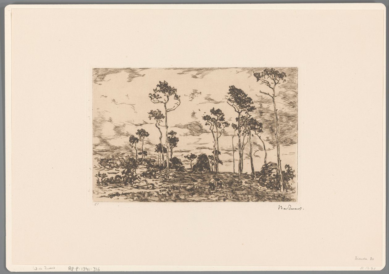 Landschap met kale bomen en houthakkers door Willem de Zwart (signed by artist)