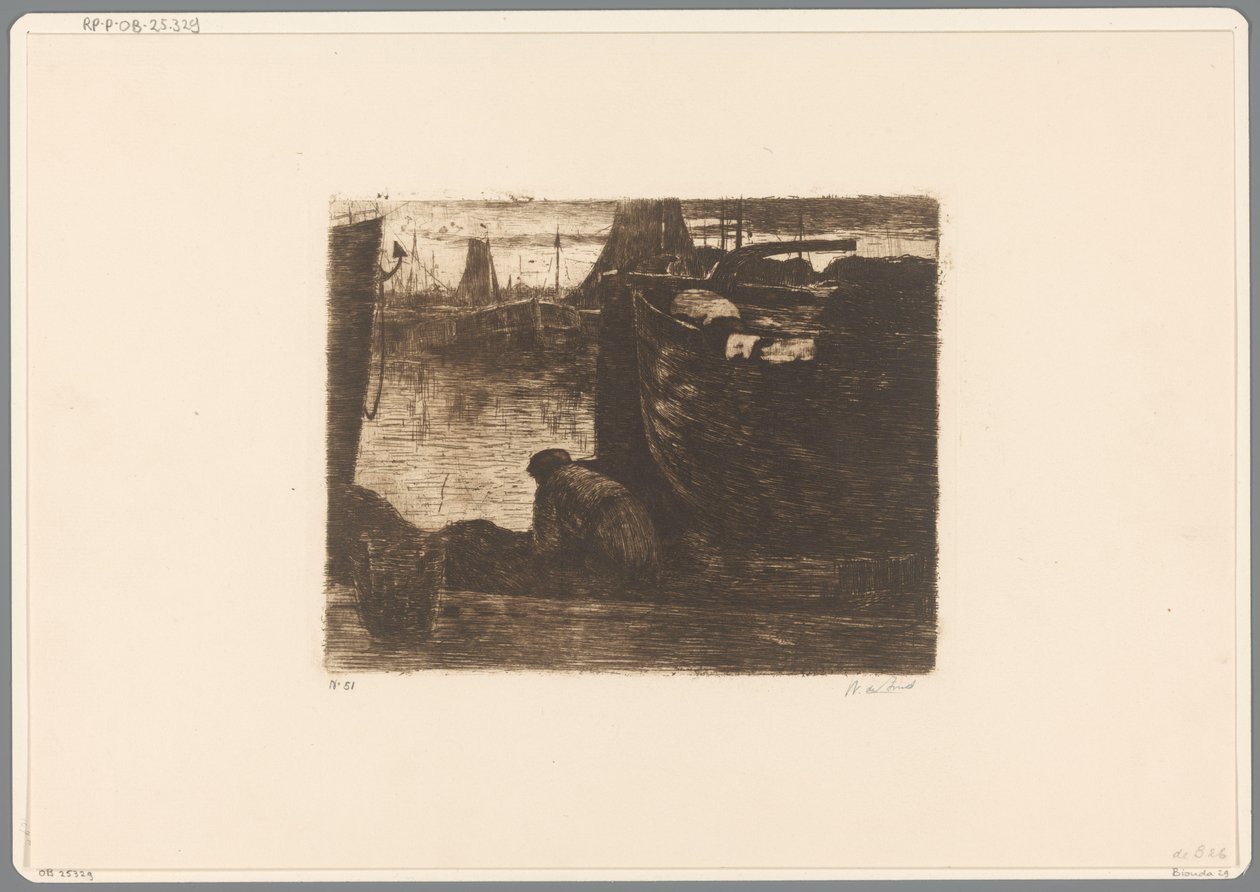 Man aan de kade van een haven door Willem de Zwart (signed by artist)
