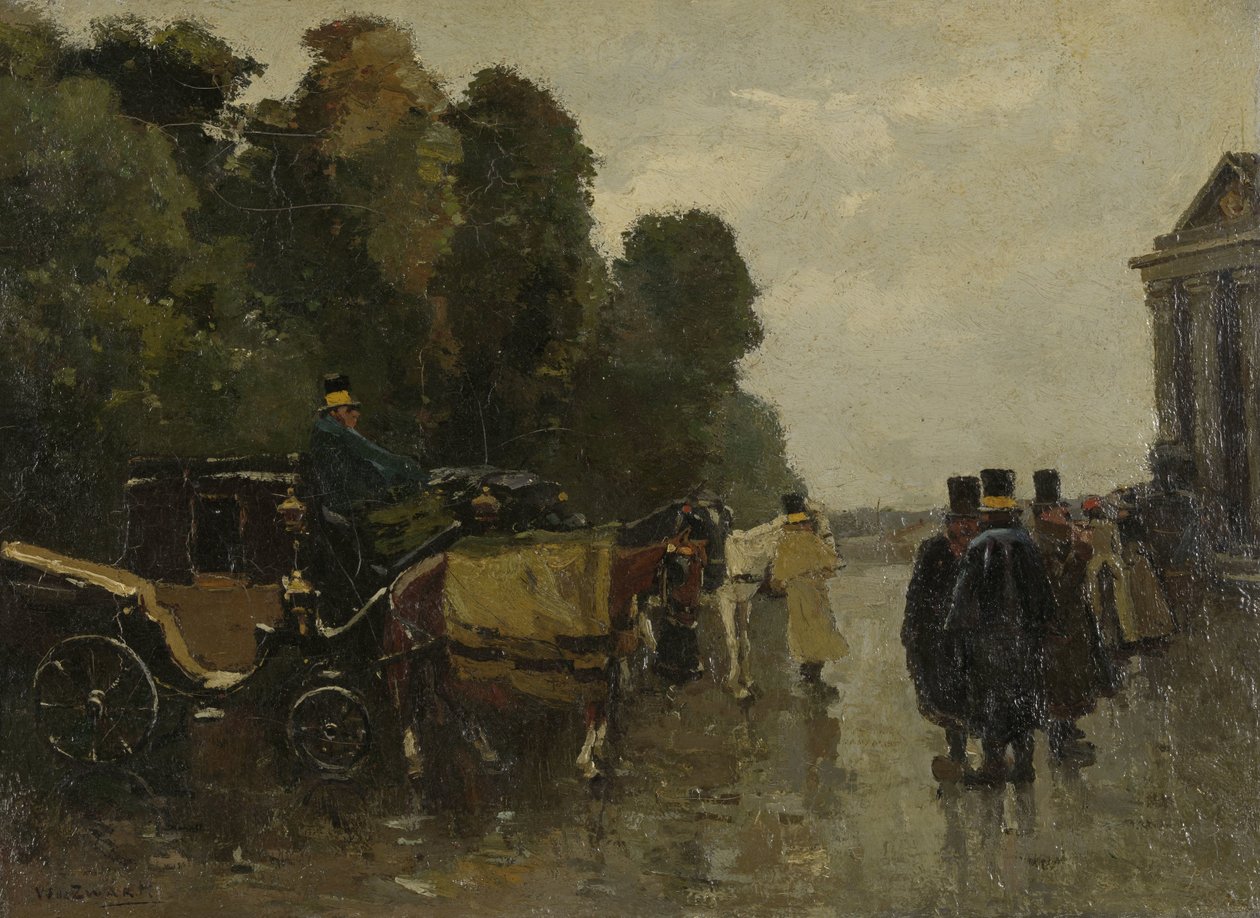 Rijtuigen met wachtende koetsiers door Willem de Zwart