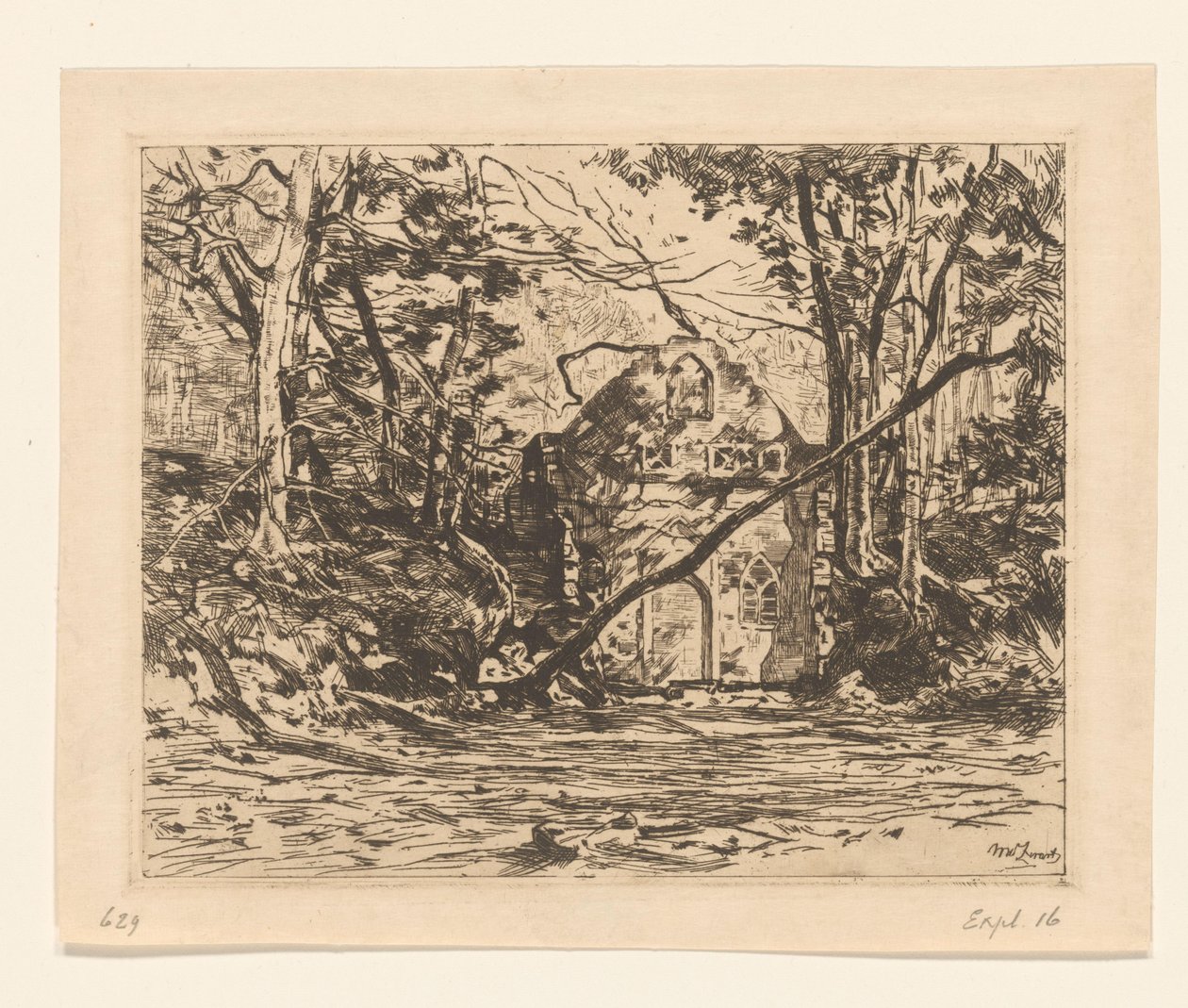 Ruïne in een bos door Willem de Zwart