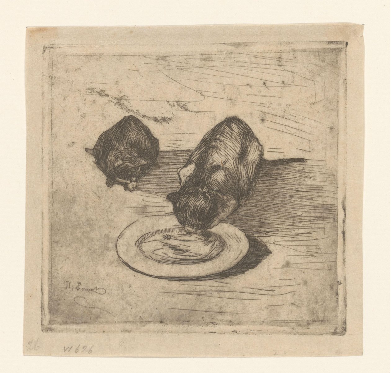 Twee katten, één drinkend uit een bord door Willem de Zwart