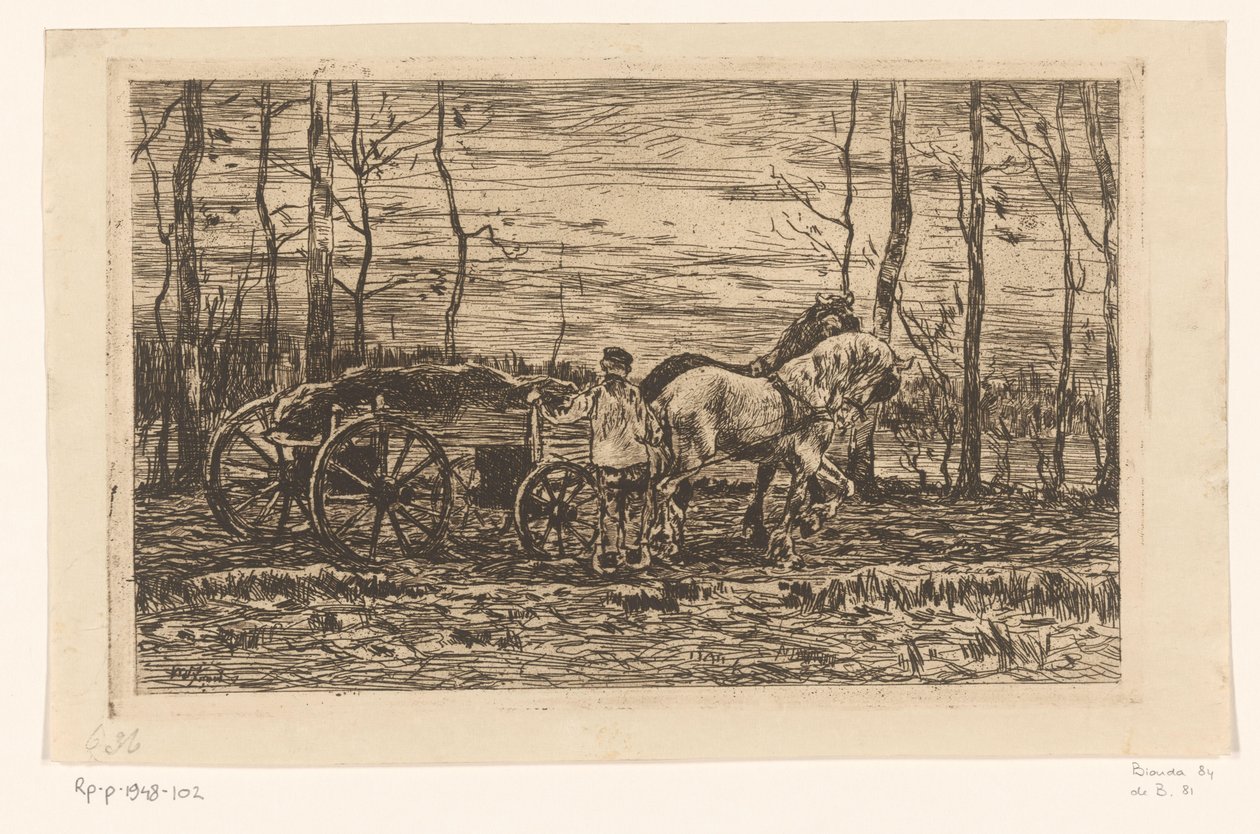 Wagen met hakhout getrokken door twee paarden door Willem de Zwart