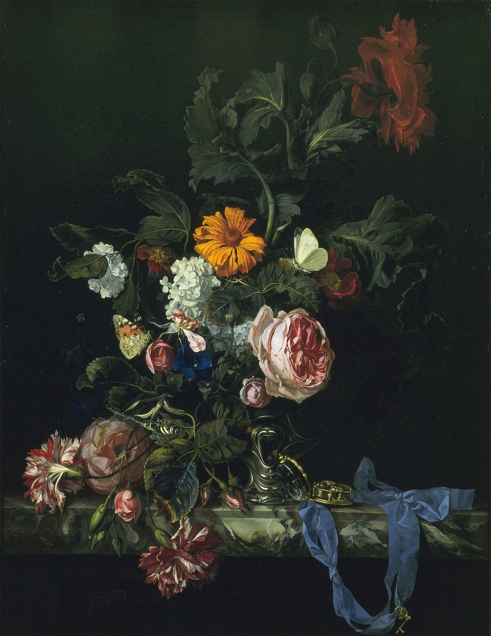 Bloemstilleven met een uurwerk door Willem van Aelst