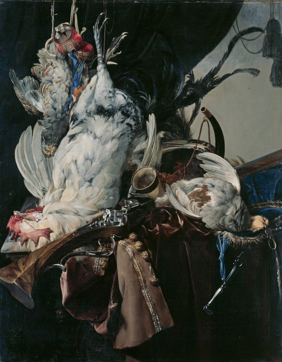 Duits: Stilleben mit gelegten Vögeln und Jagdgeräten Stilleven met wild en jachtuitrusting door Willem van Aelst