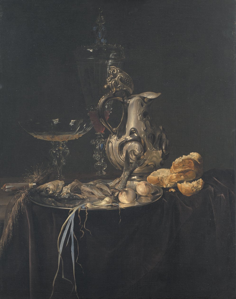Stilleven. Ontbijtstuk met een Zilveren Kan door Willem van Aelst