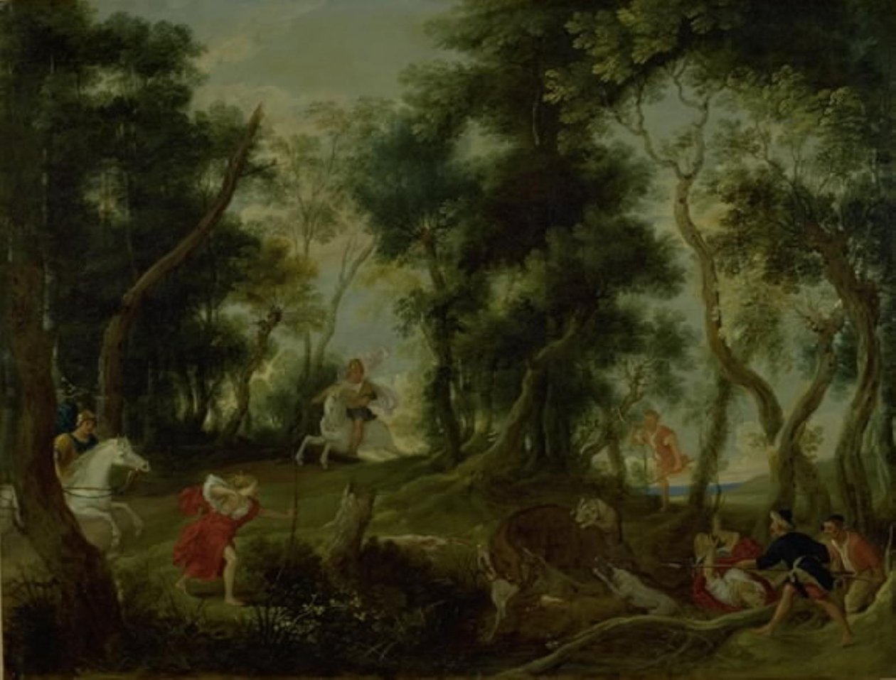 Landschap met Atalanta en Meleager die op de Calydonische everzwijn jagen door Willem van Herp