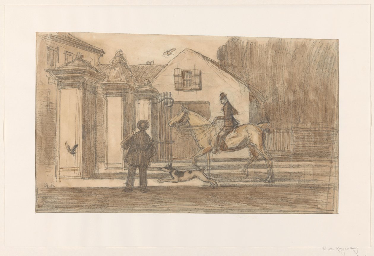 Het hek op de Scheveningse Weg te Den Haag; een ruiter met hond passeren door Willem van Konijnenburg