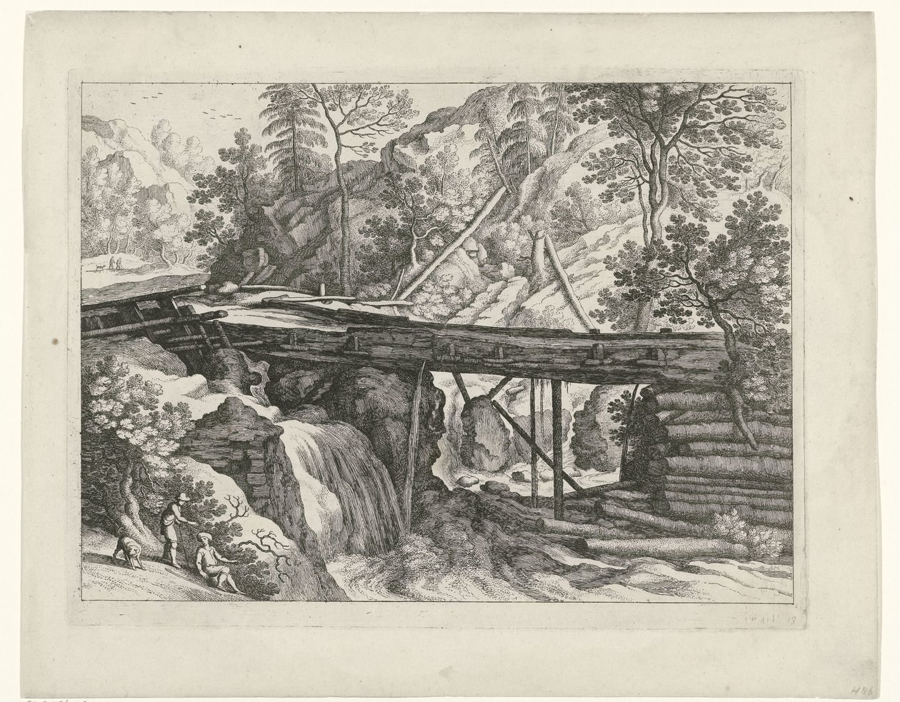 Berglandschap met houten aquaduct door Willem van Nieulandt (II)