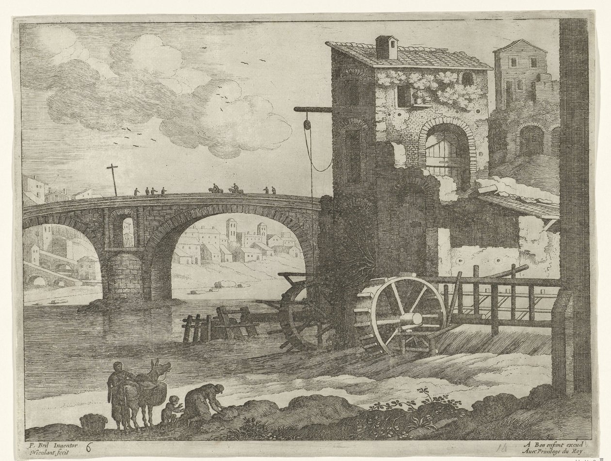 Brug en watermolen door Willem van Nieulandt (II)