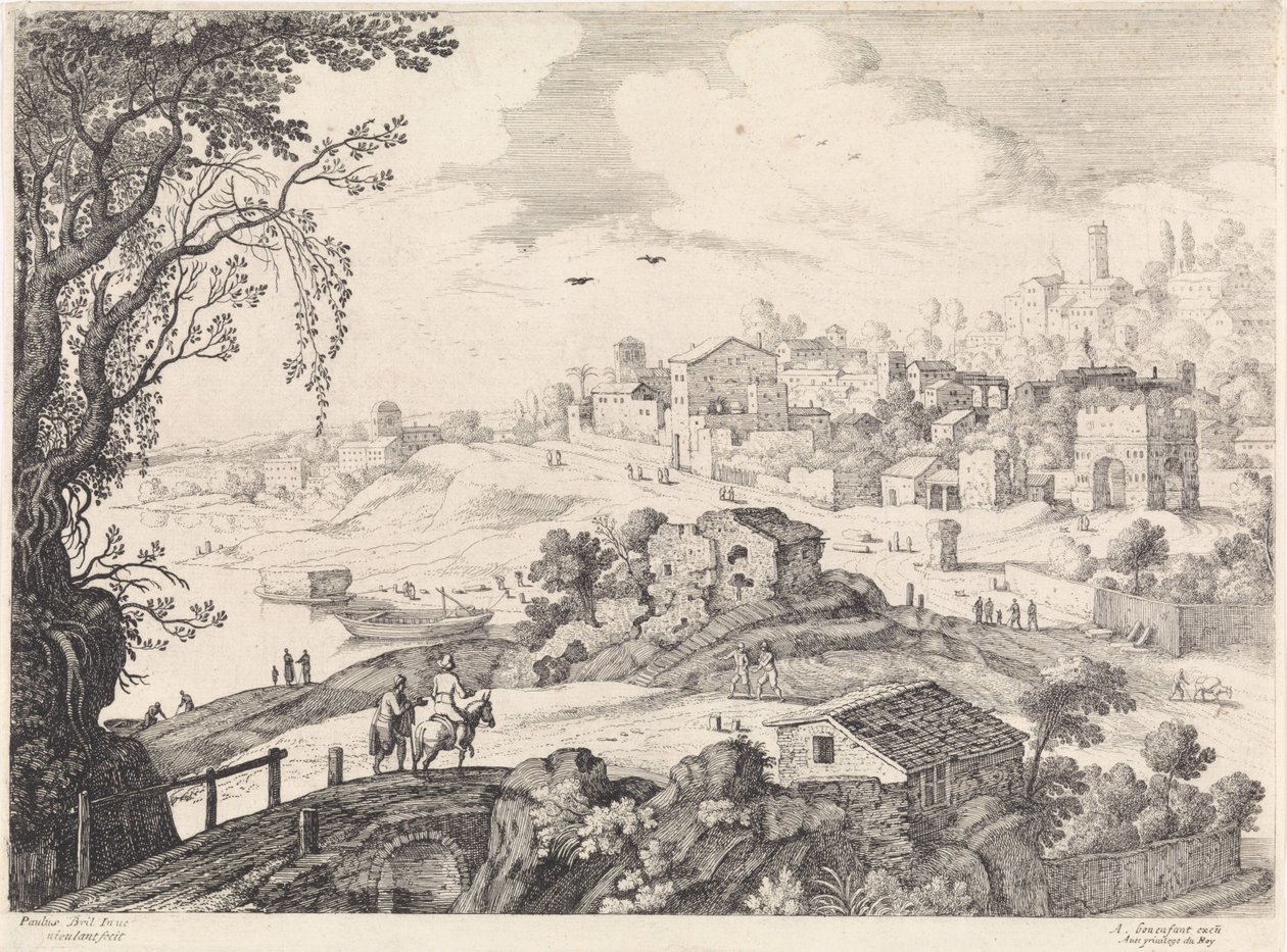 Italiaans landschap met een stad Italiaanse landschappen (serie) door Willem van Nieulandt (II)