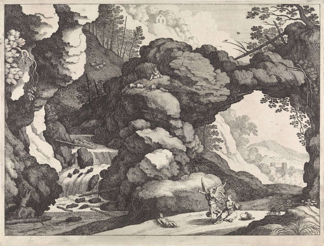 Landschap met Hagar en Ismaël (Italiaanse landschappen) door Willem van Nieulandt (II)