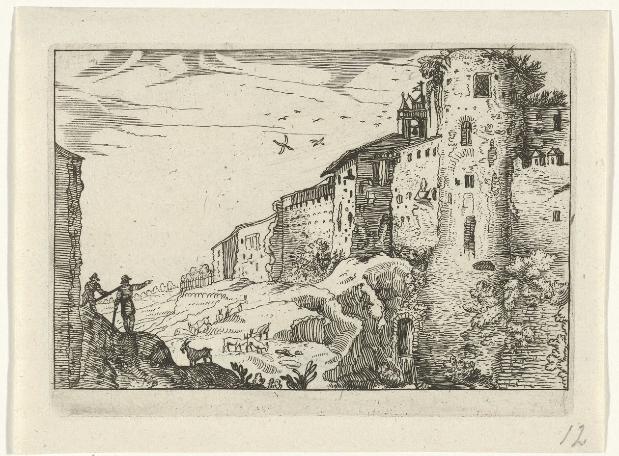 Landschap met Romeinse ruïne door Willem van Nieulandt (II)