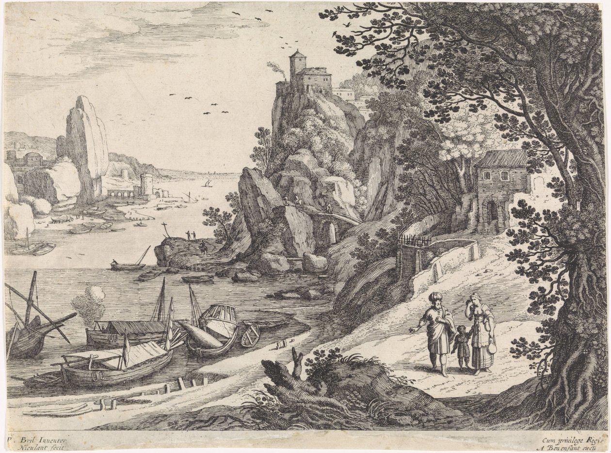 Landschap met de verdrijving van Hagar en Ismaël door Willem van Nieulandt (II)