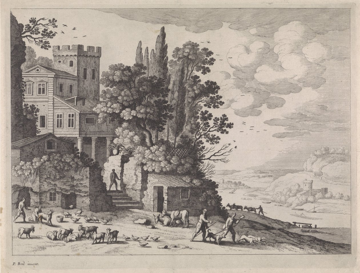 Landschap met een huis, figuren en vee door Willem van Nieulandt (II)