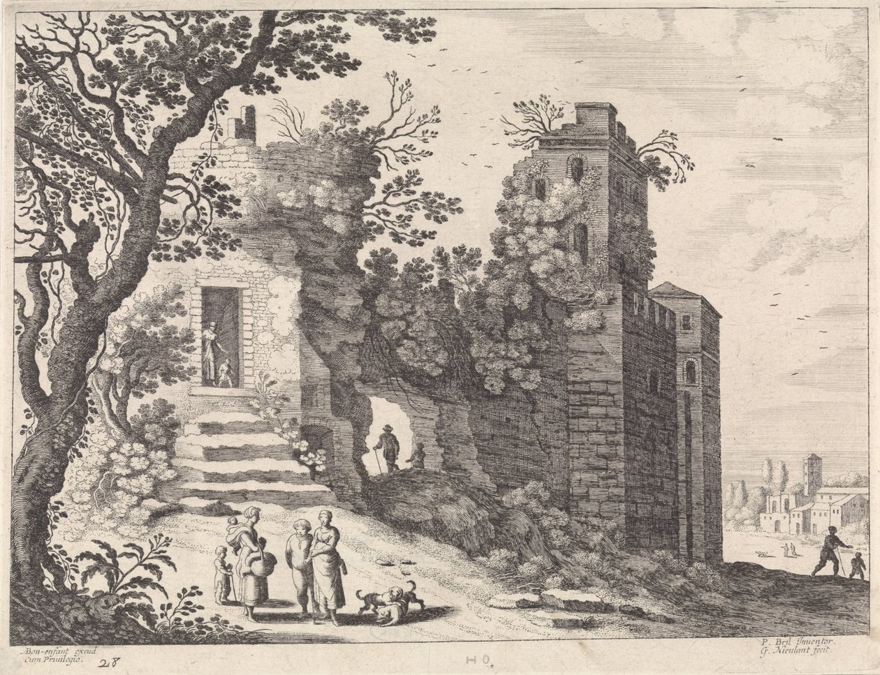 Ruïne met een groep vrouwen en kinderen door Willem van Nieulandt (II)
