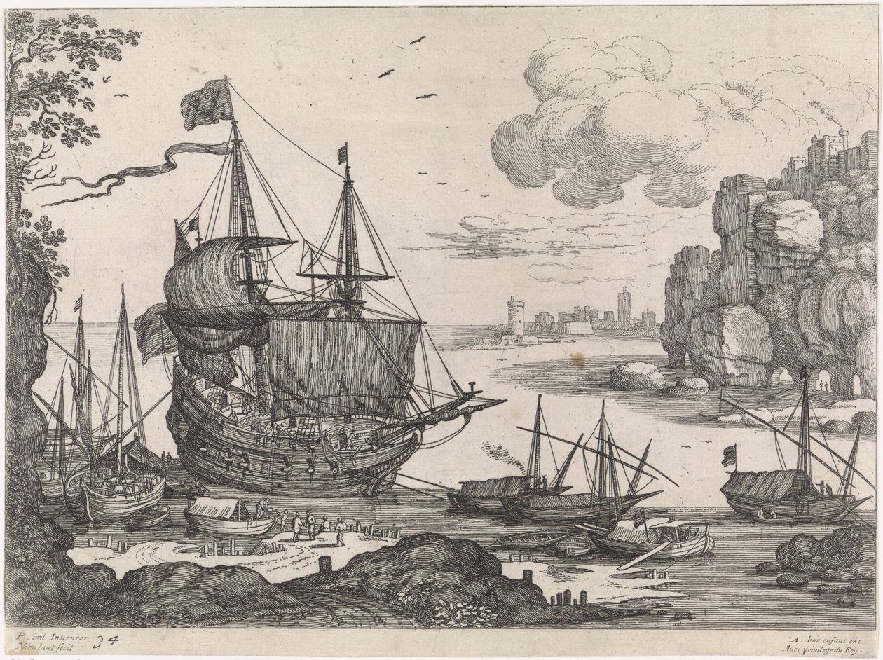 Schepen in een haven door Willem van Nieulandt (II)
