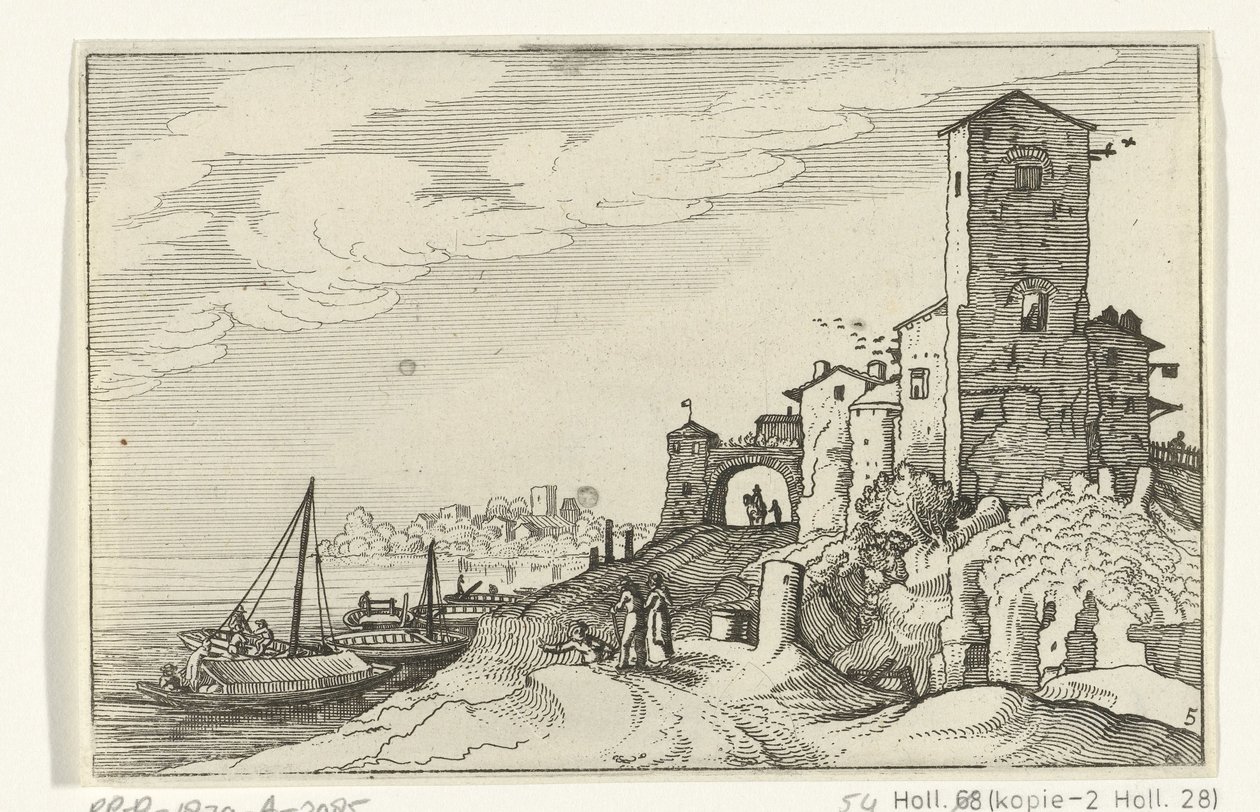 Toren en poort aan de kust (Romeinse ruïnes en kustlandschappen) door Willem van Nieulandt (II)