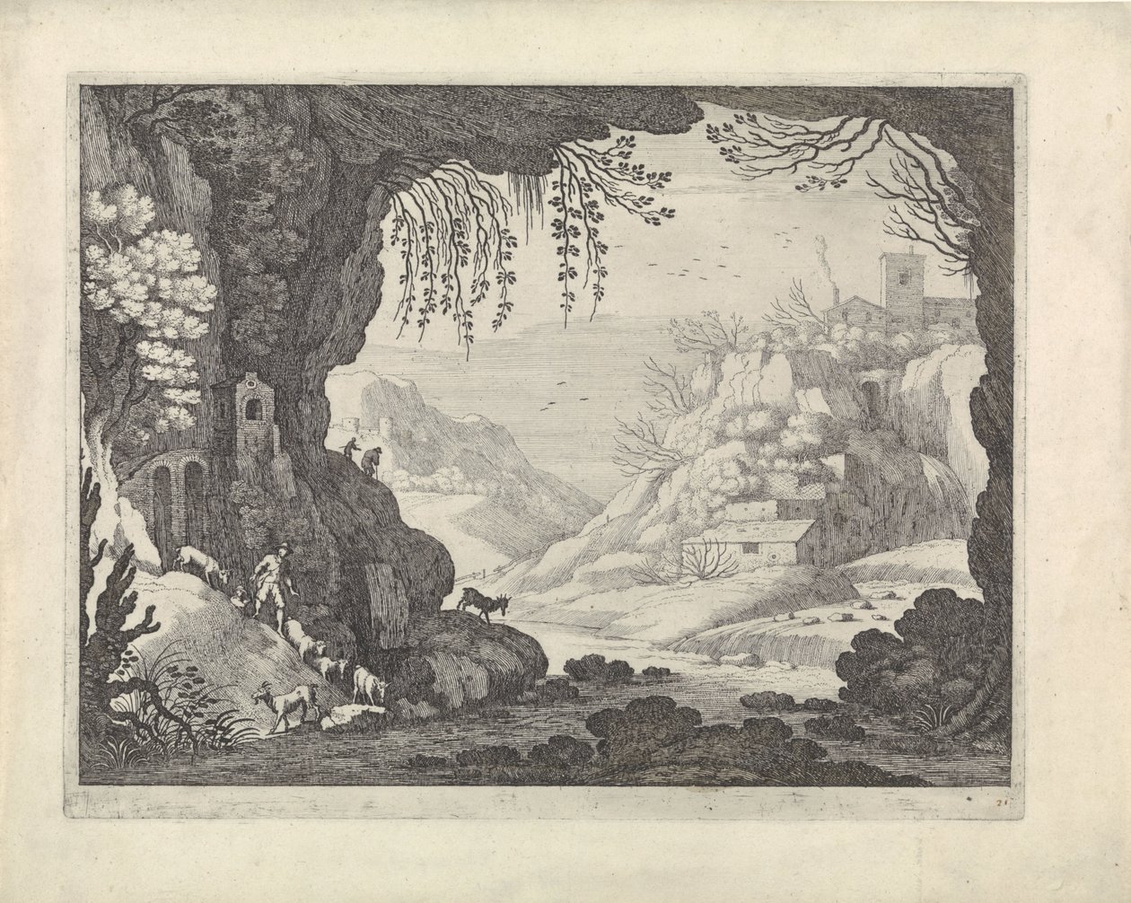 Uitzicht op landschap vanuit grot door Willem van Nieulandt (II)