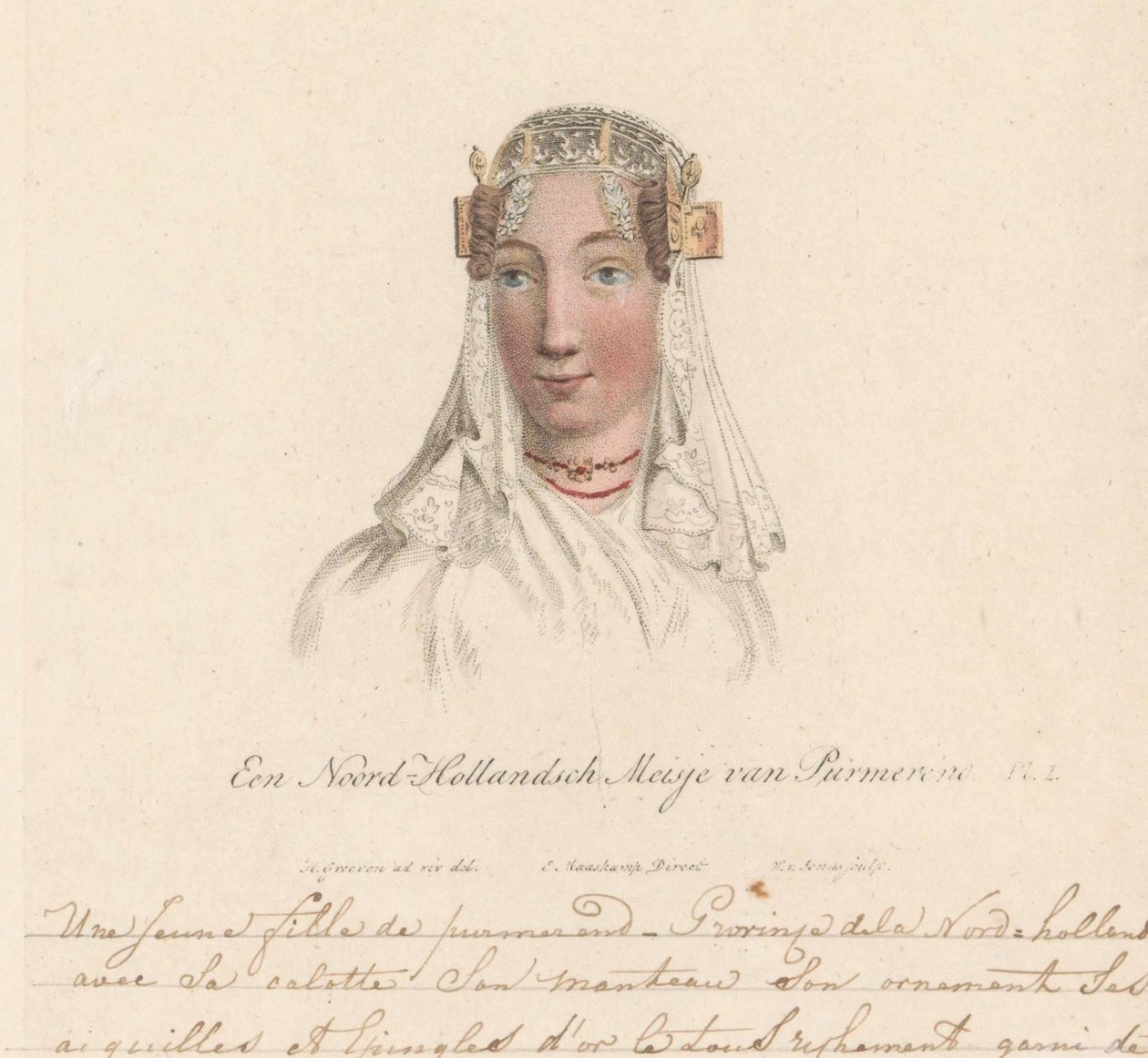 Hoofddracht van een meisje uit Purmerend, 1816 door Willem van Senus
