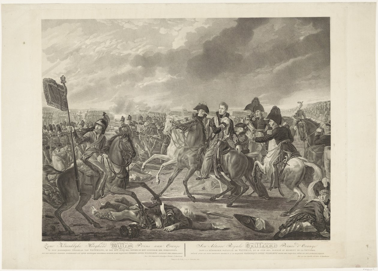 Zyne Koninklyke Hoogheid Willem Prins van Oranje in den roemrijken veldslag van Waterloo, op den 18den Junij 1815, gewond op het oogenblik der overwinning door Willem van Senus