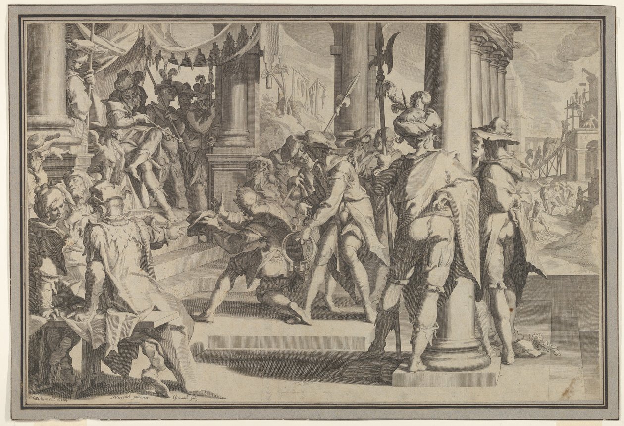 Allegorie van Gerechtigheid Heiligheid van de Wet met een rechtszaalscène waarin een man wordt vergeven..., 1605 door Willem van Swanenburg