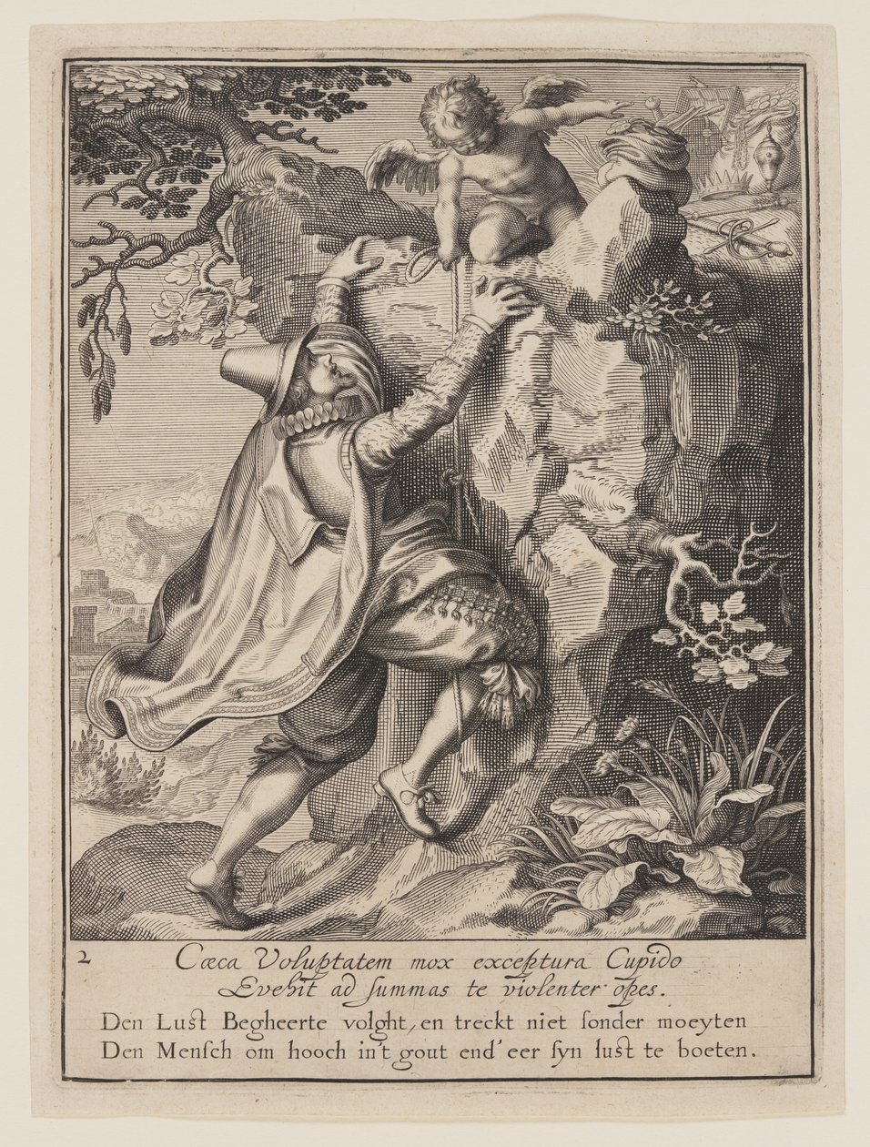 Een jonge man beklimt een heuvel, geholpen door Cupido, uit Allegorie op het misbruik van wereldse bezittingen door Willem van Swanenburgh