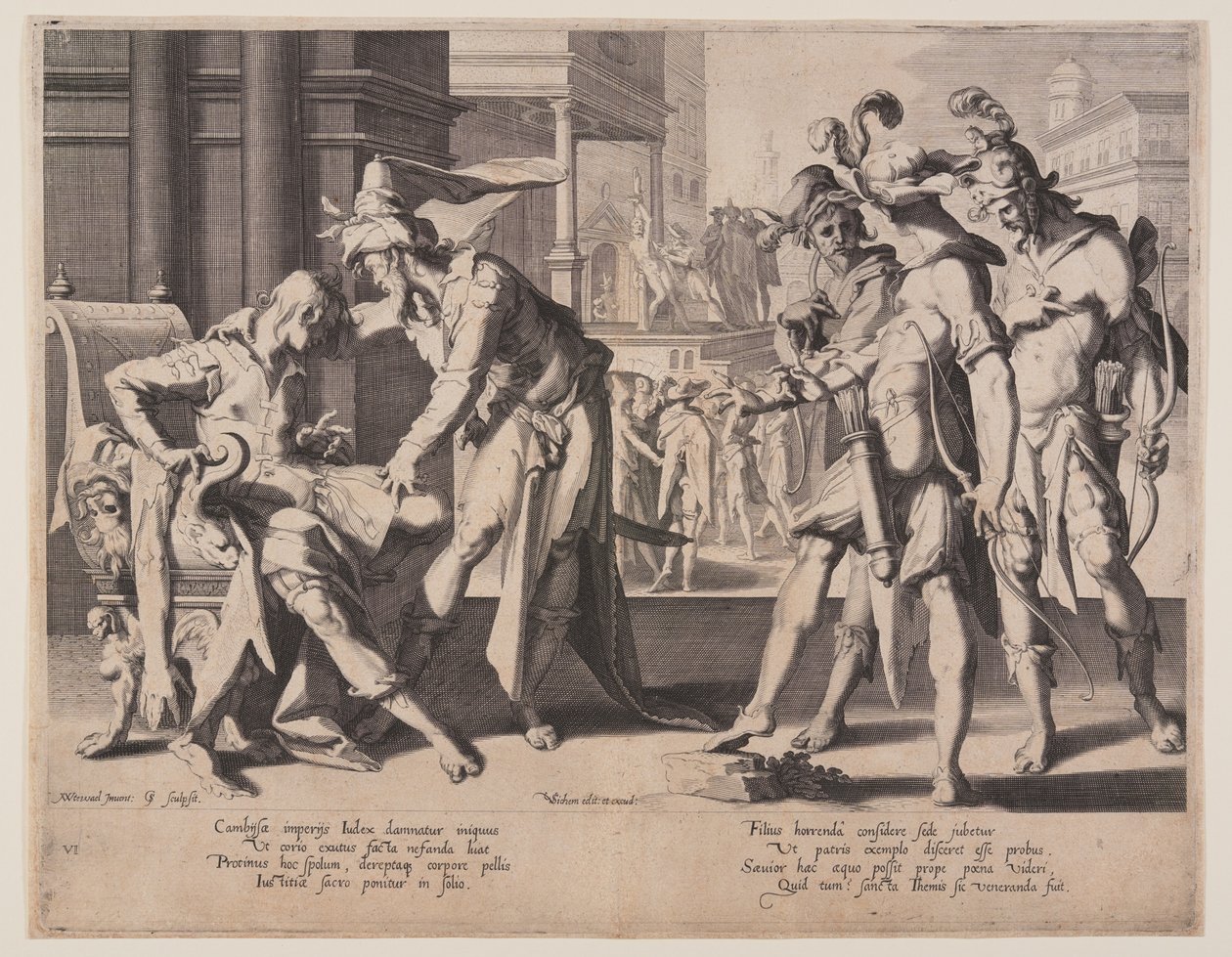 Cambyses beveelt villen, plaat 6 uit Tronen van gerechtigheid (Thronus Iustitiae) door Willem van Swanenburgh