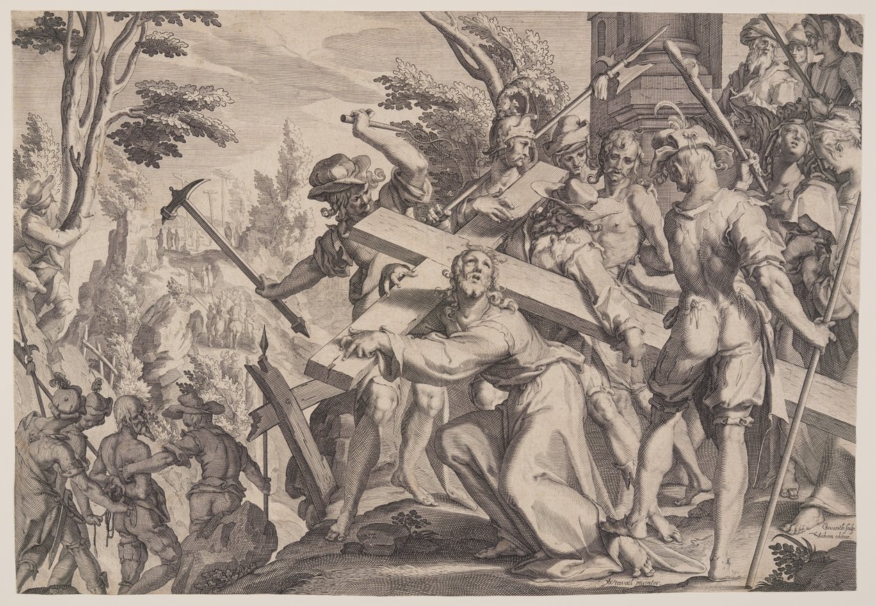 Christus draagt het kruis, plaat 4 uit Tronen van gerechtigheid (Thronus Iustitiae) door Willem van Swanenburgh